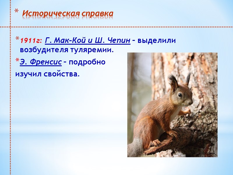 Историческая справка 1911г: Г. Мак-Кой и Ш. Чепин – выделили возбудителя туляремии. Э. Френсис